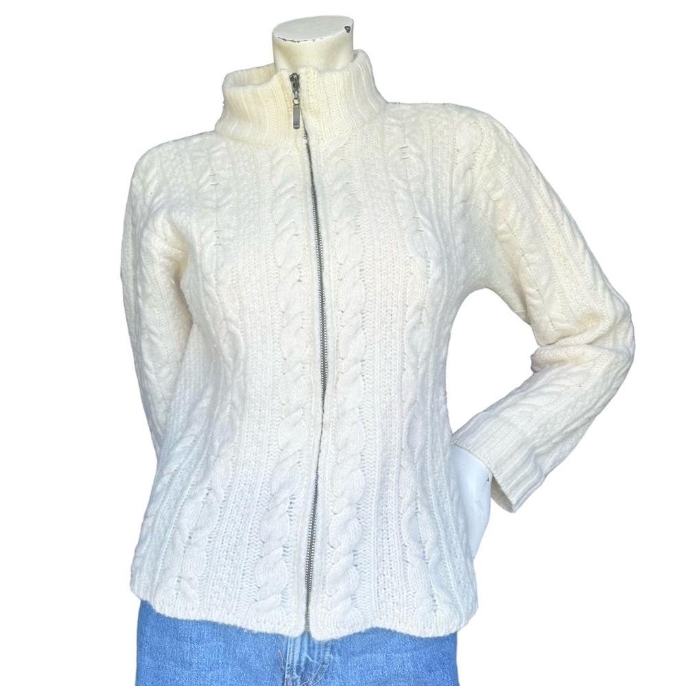 Inis Crafts 100% Merino Wool Made in Ireland Cream Zip Up Fishermans Sweater Med